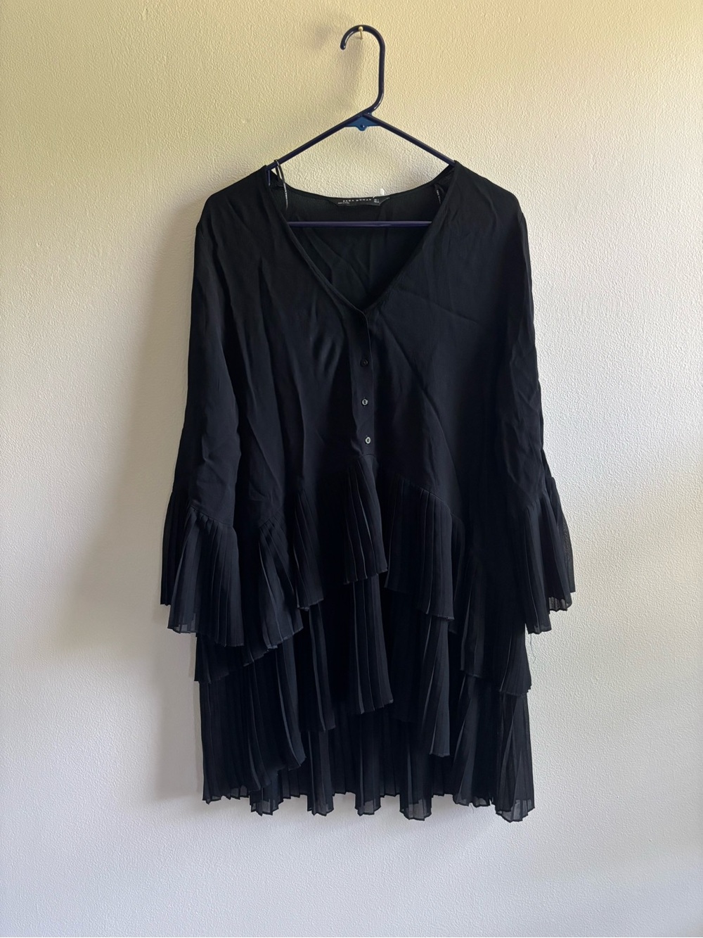 Zara Black Textured Ruffle V-Neck Dress